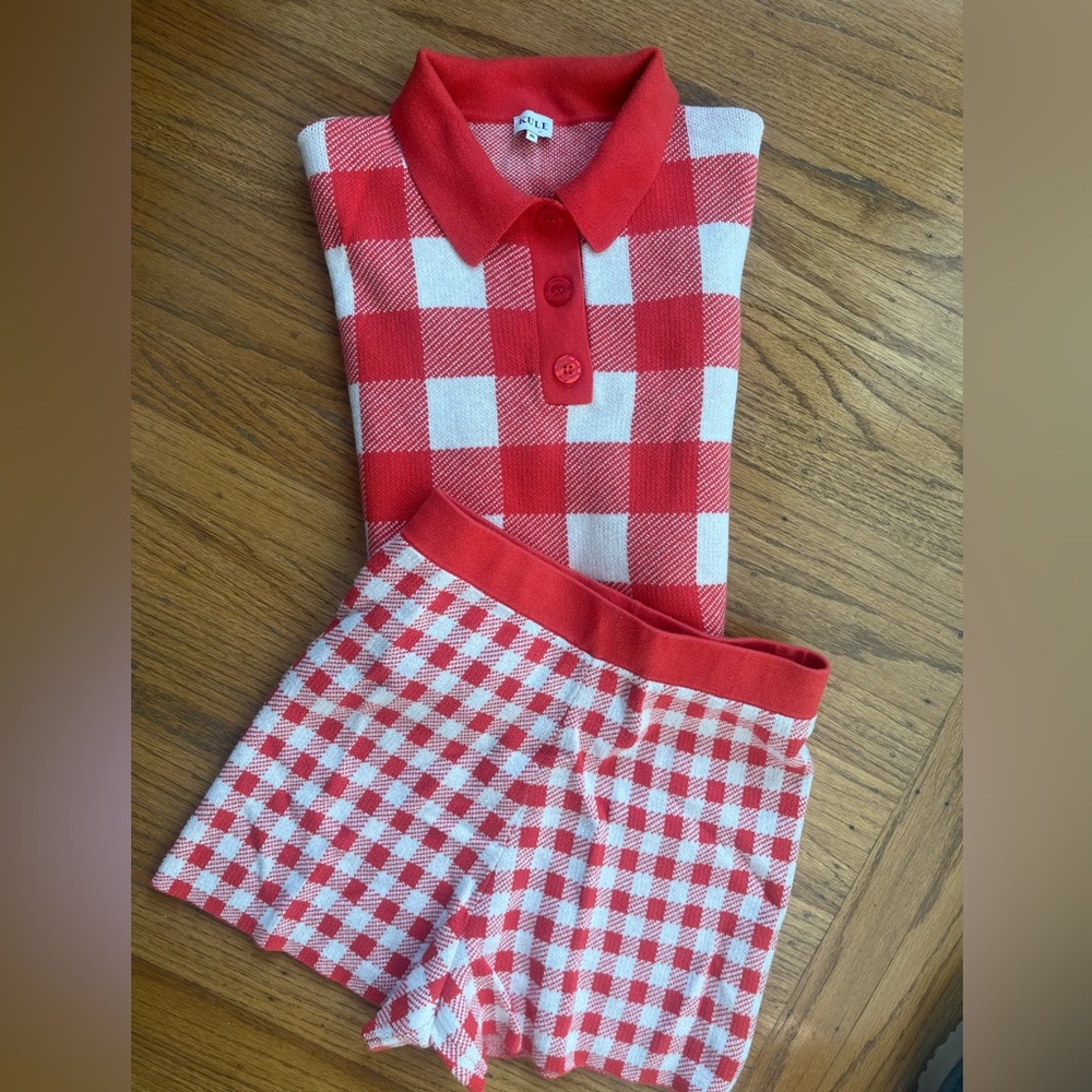 Kule $328 Red & White Gingham Knit Polo Top and cotton Shorts Set S XS